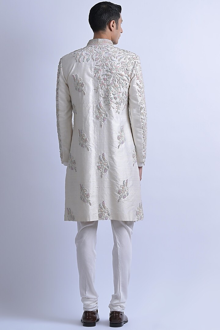 Ivory Raw Silk Embroidered Groom Sherwani Set by SUHAIL HAFEEZ at Pernia's Pop Up Shop
