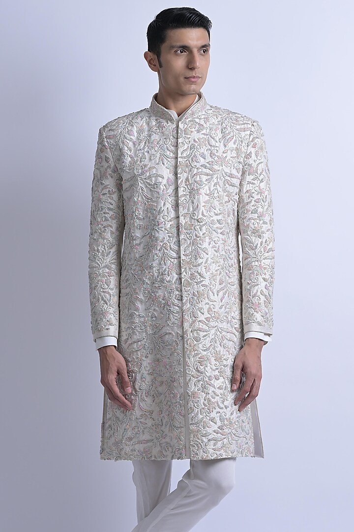 Ivory Raw Silk Embroidered Groom Sherwani Set by SUHAIL HAFEEZ at Pernia's Pop Up Shop