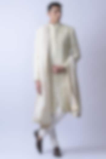 Ivory Cotton Silk Blend Embroidered Sherwani Set by SUHAIL HAFEEZ
