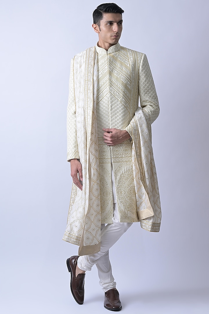 Ivory Cotton Silk Blend Embroidered Sherwani Set by SUHAIL HAFEEZ
