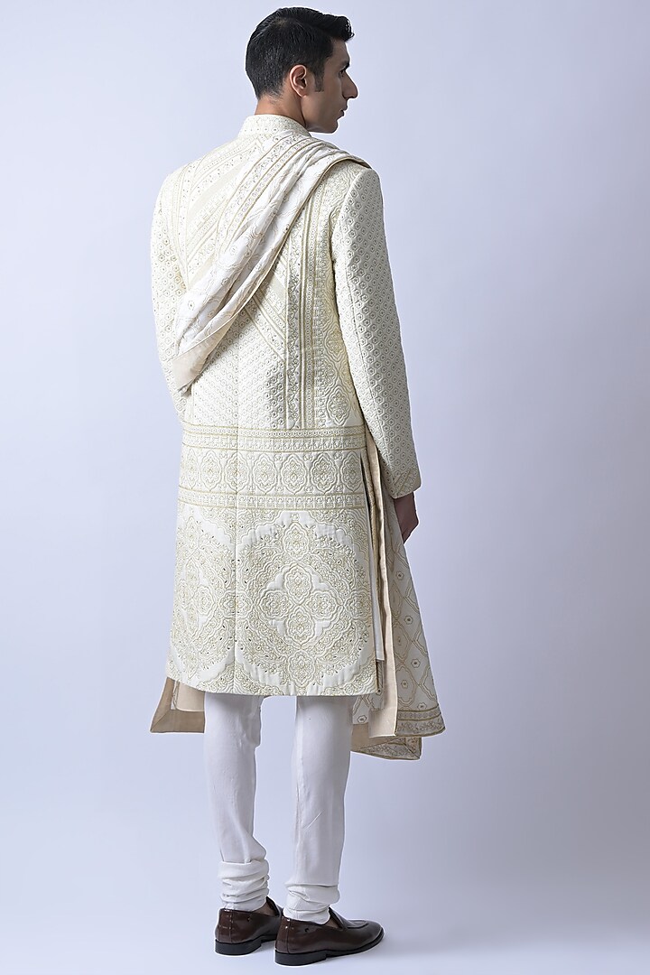Ivory Cotton Silk Blend Embroidered Wedding Sherwani Set by SUHAIL HAFEEZ at Pernia's Pop Up Shop