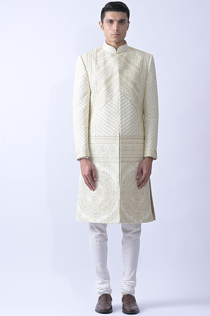 Ivory Cotton Silk Blend Embroidered Wedding Sherwani Set by SUHAIL HAFEEZ at Pernia's Pop Up Shop