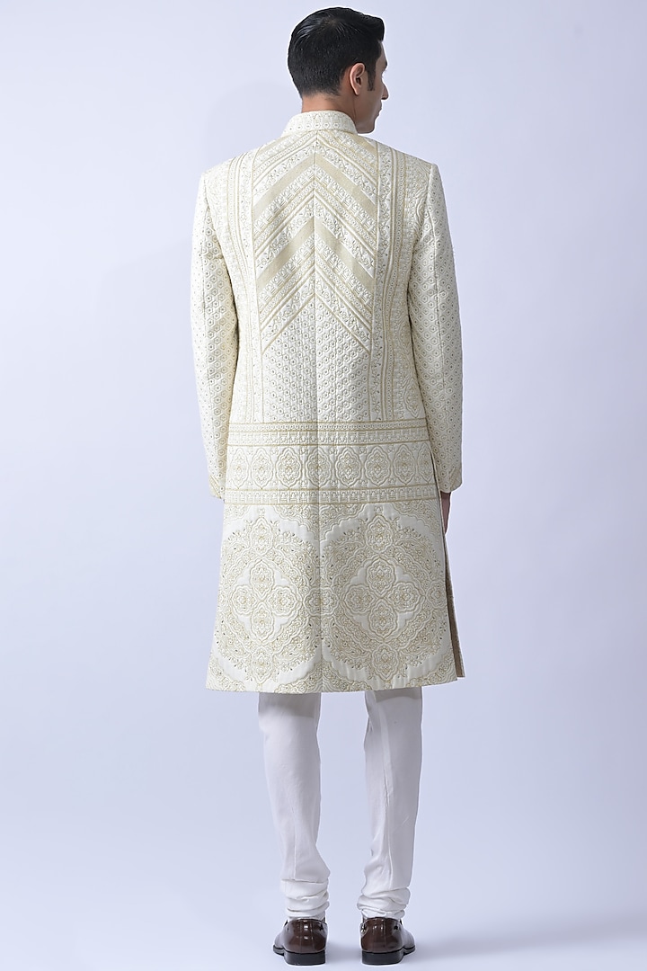 Ivory Cotton Silk Blend Embroidered Wedding Sherwani Set by SUHAIL HAFEEZ at Pernia's Pop Up Shop