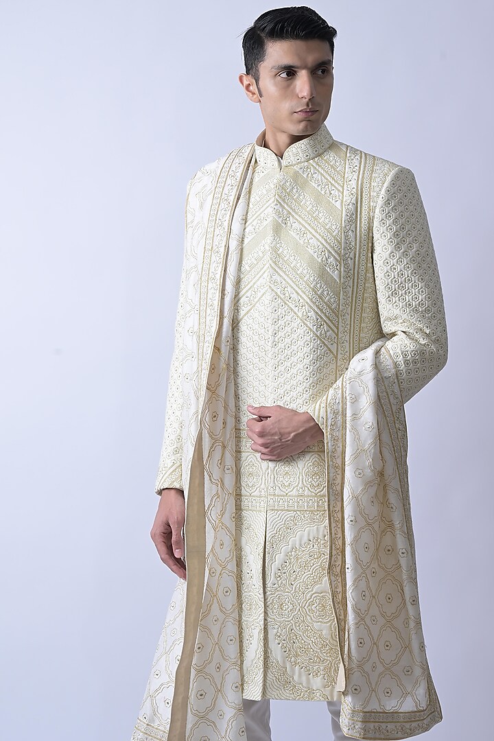 Ivory Cotton Silk Blend Embroidered Wedding Sherwani Set by SUHAIL HAFEEZ at Pernia's Pop Up Shop