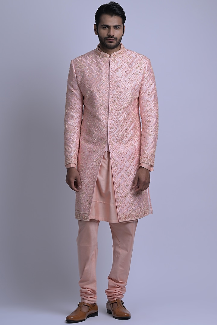 Pink Dupion Polyester & Silk blend Embroidered Sherwani Set by SUHAIL HAFEEZ