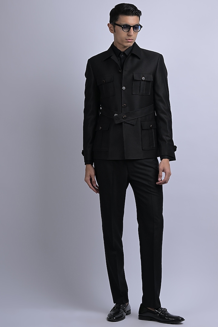 Black Terene & Rayon Jacket With Belt by SUHAIL HAFEEZ