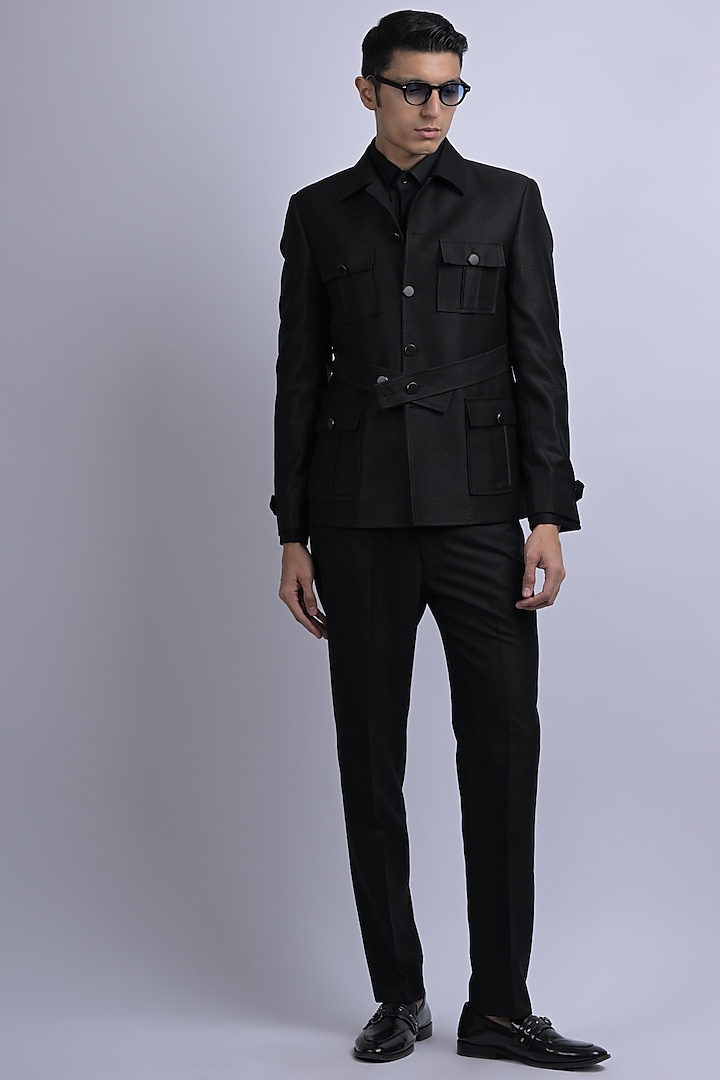 Black Terene & Rayon Jacket With Belt by SUHAIL HAFEEZ at Pernia's Pop Up Shop