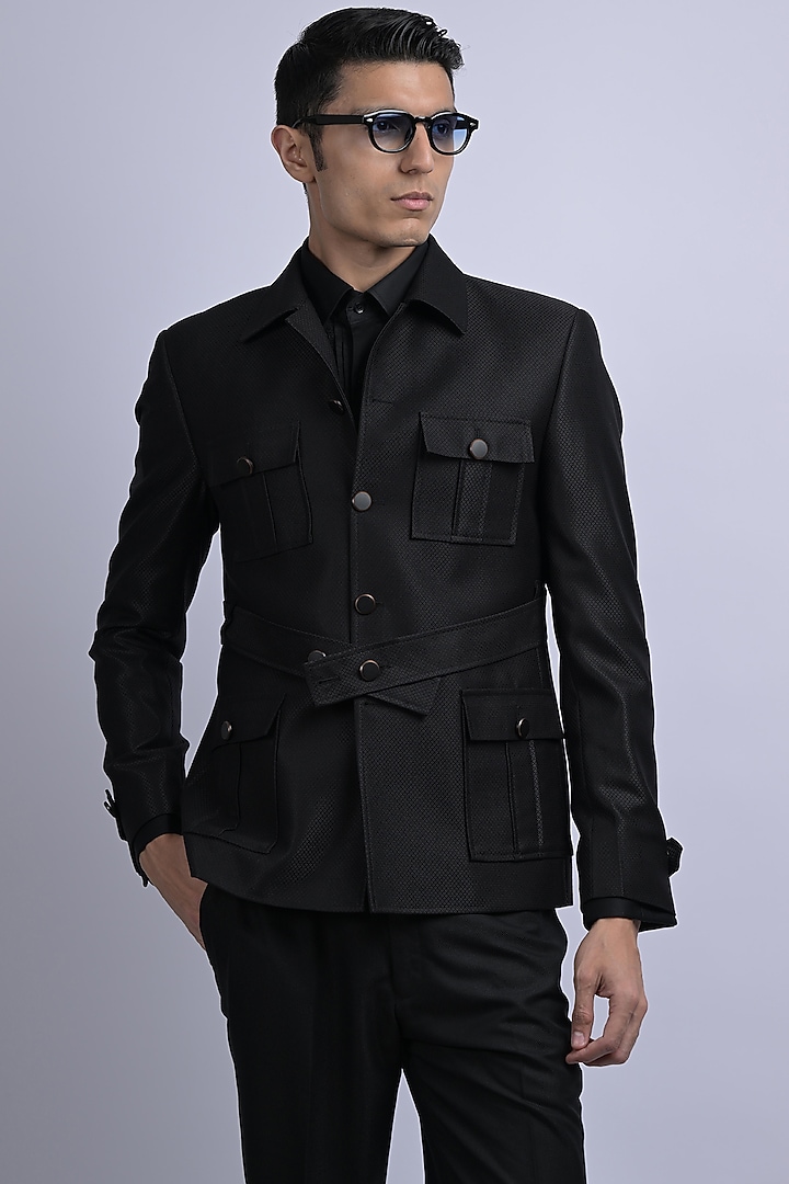 Black Terene & Rayon Jacket With Belt by SUHAIL HAFEEZ at Pernia's Pop Up Shop