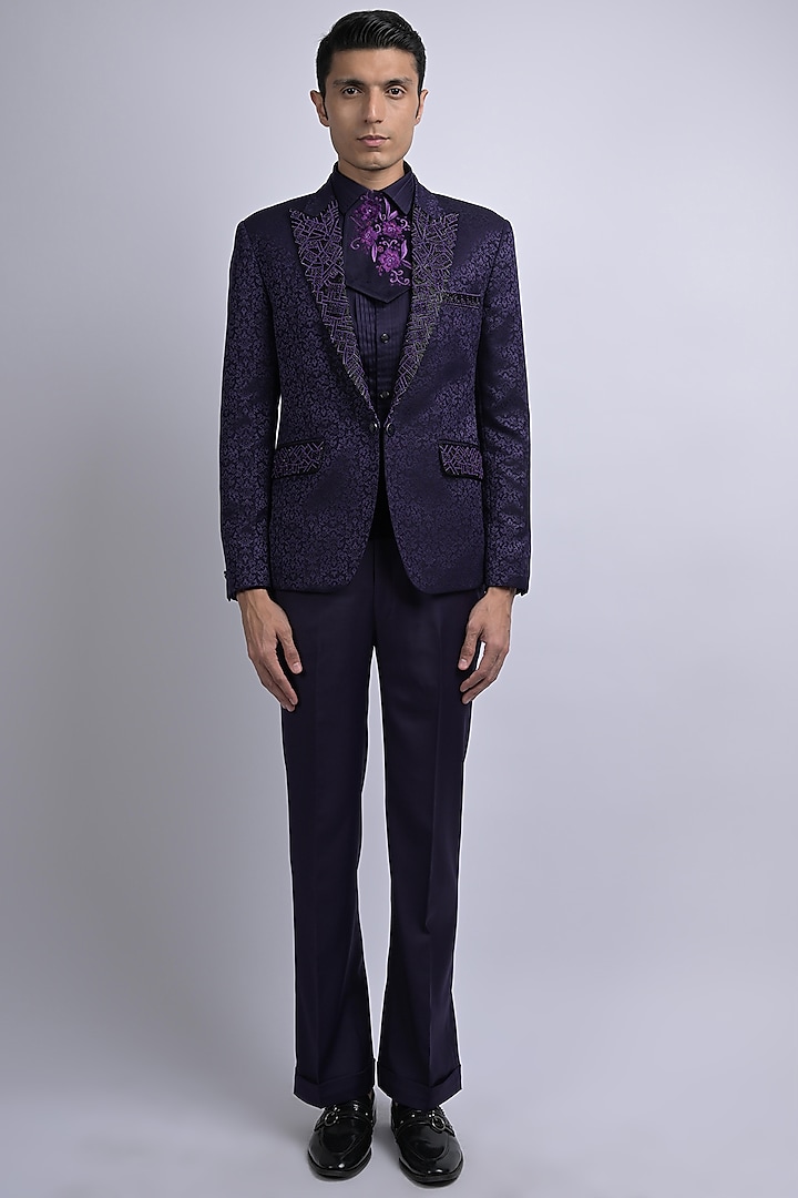 Purple Terene & Rayon Blend Embroidered Tuxedo Set by SUHAIL HAFEEZ