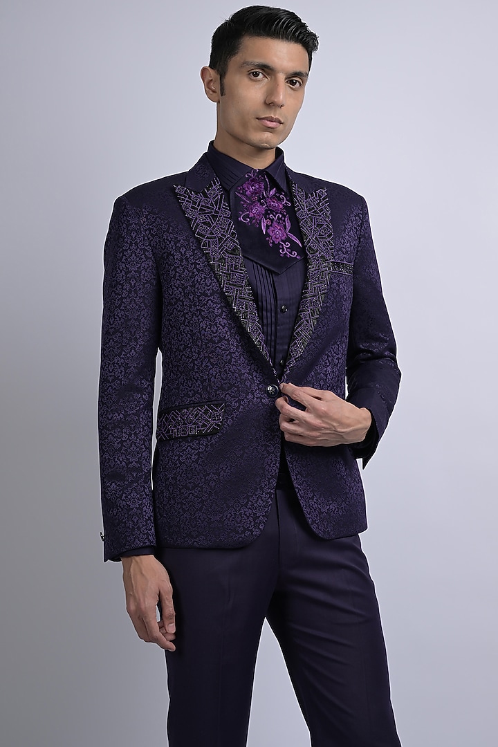 Purple Terene & Rayon Blend Embroidered Tuxedo Set by SUHAIL HAFEEZ at Pernia's Pop Up Shop