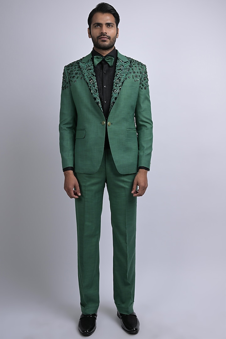 Green Terene & Rayon Blend Embroidered Tuxedo Set by SUHAIL HAFEEZ
