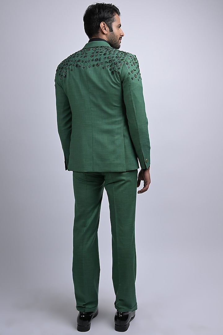 Green Terene & Rayon Blend Embroidered Tuxedo Set by SUHAIL HAFEEZ at Pernia's Pop Up Shop