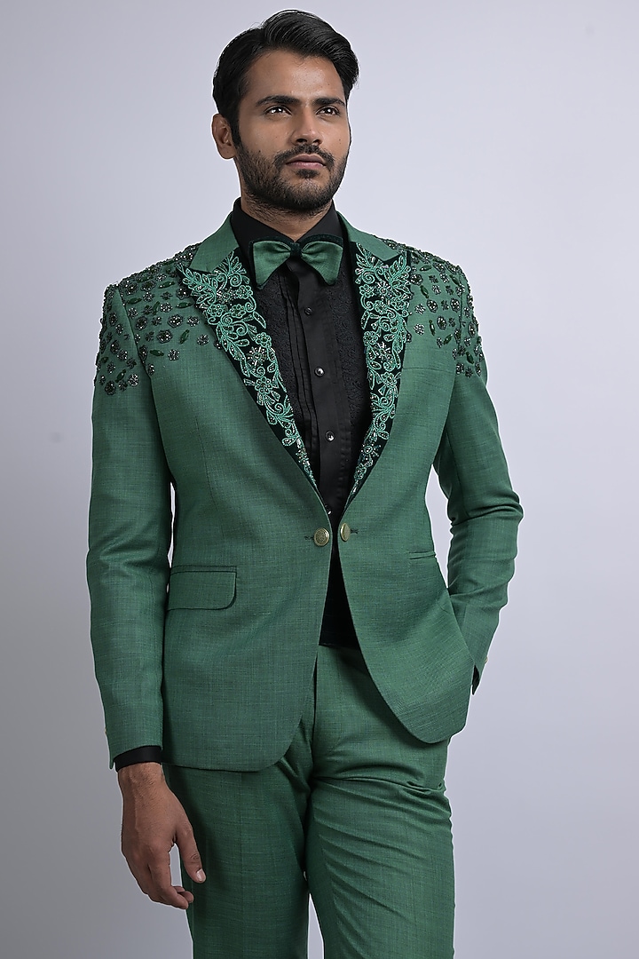 Green Terene & Rayon Blend Embroidered Tuxedo Set by SUHAIL HAFEEZ at Pernia's Pop Up Shop