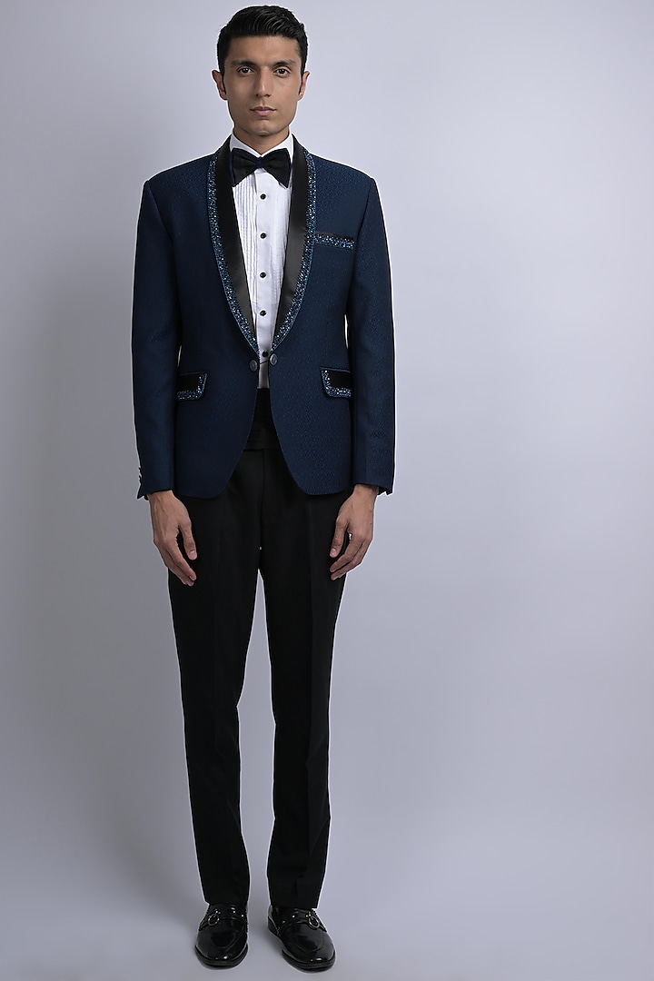 Blue Jacquard Embroidered Tuxedo Set by SUHAIL HAFEEZ