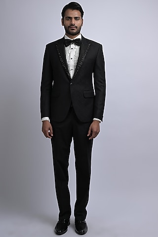 Black Jacquard Embroidered Tuxedo Set by SUHAIL HAFEEZ