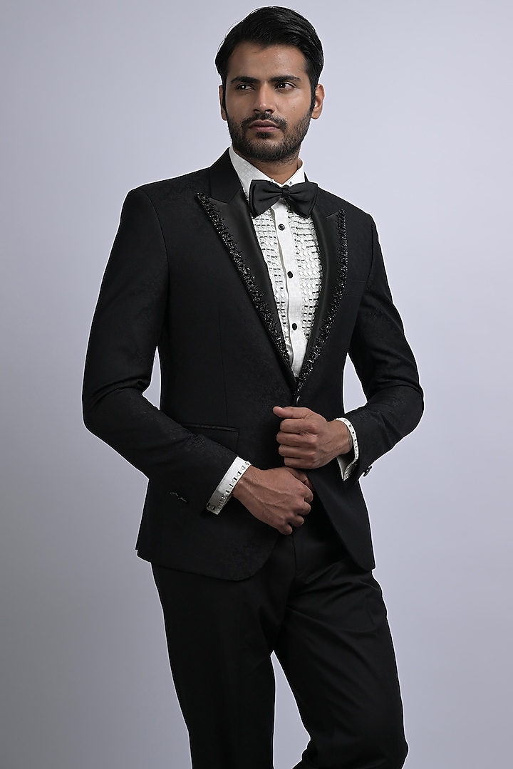 Black Jacquard Embroidered Tuxedo Set by SUHAIL HAFEEZ at Pernia's Pop Up Shop