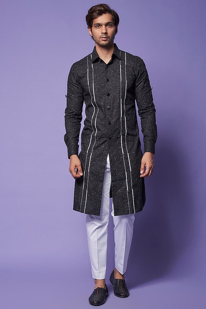 Black Cotton Digital Printed & Embroidered Kurta Set by SUHAIL HAFEEZ at Pernia's Pop Up Shop