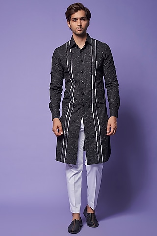 Black Cotton Digital Printed & Embroidered Kurta Set by SUHAIL HAFEEZ