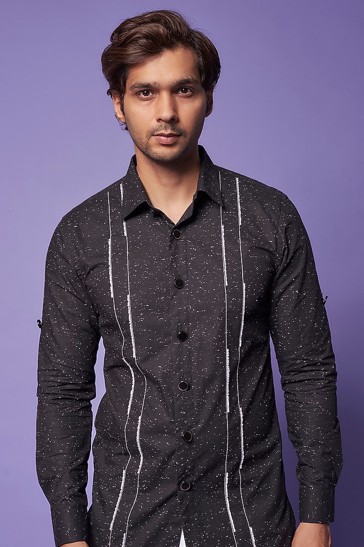 Black Cotton Digital Printed & Embroidered Kurta Set by SUHAIL HAFEEZ at Pernia's Pop Up Shop