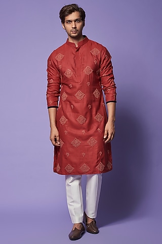 Red Cotton Silk Embroidered Kurta Set by SUHAIL HAFEEZ