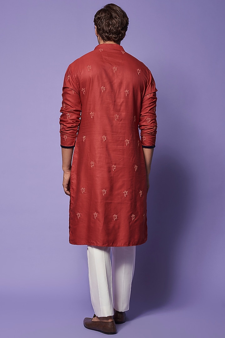 Red Cotton Silk Embroidered Kurta Set by SUHAIL HAFEEZ at Pernia's Pop Up Shop