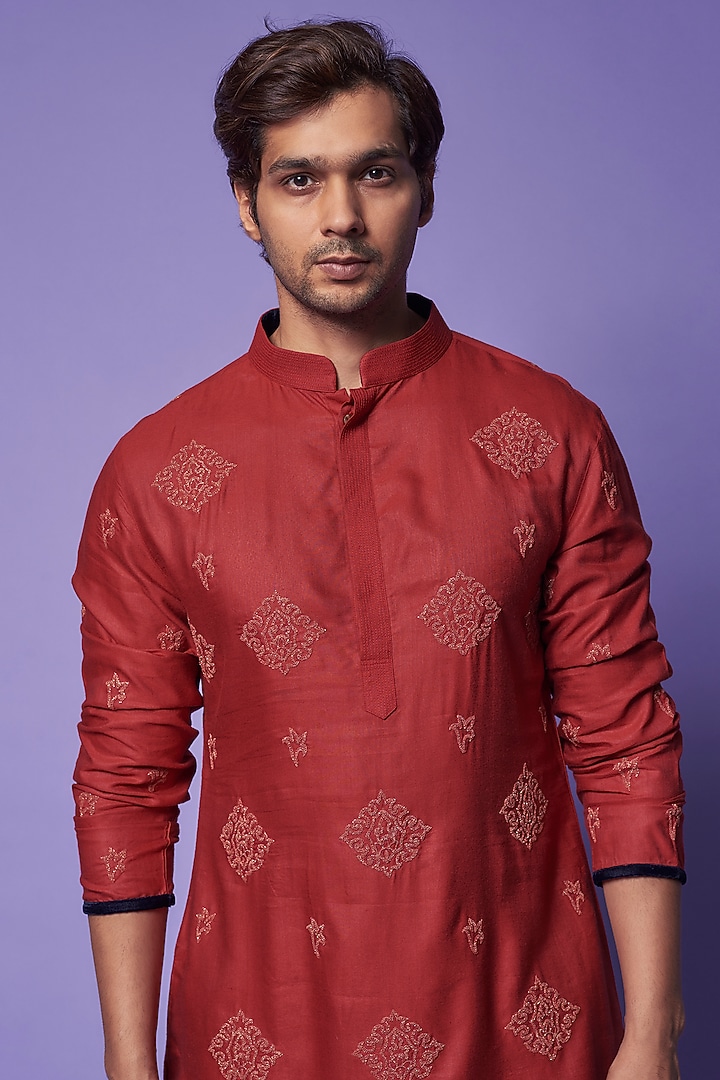 Red Cotton Silk Embroidered Kurta Set by SUHAIL HAFEEZ at Pernia's Pop Up Shop
