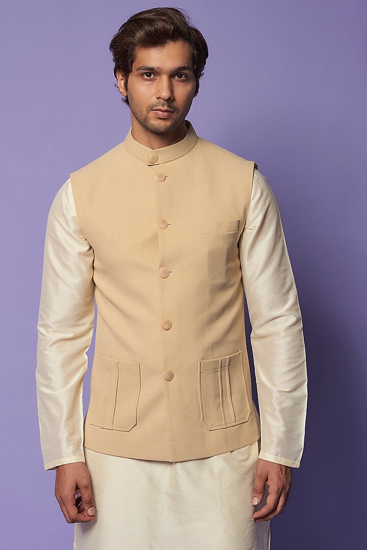 Beige Rayon Bundi Jacket by SUHAIL HAFEEZ at Pernia's Pop Up Shop