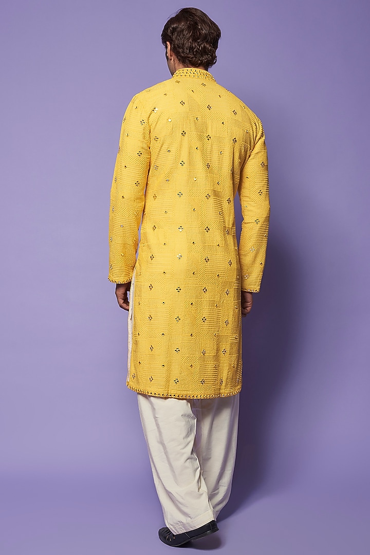 Yellow Cotton Mirror Embroidered Kurta Set by SUHAIL HAFEEZ at Pernia's Pop Up Shop