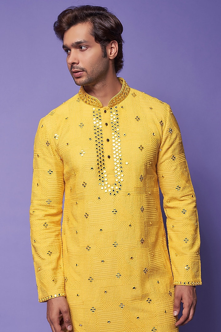 Yellow Cotton Mirror Embroidered Kurta Set by SUHAIL HAFEEZ at Pernia's Pop Up Shop