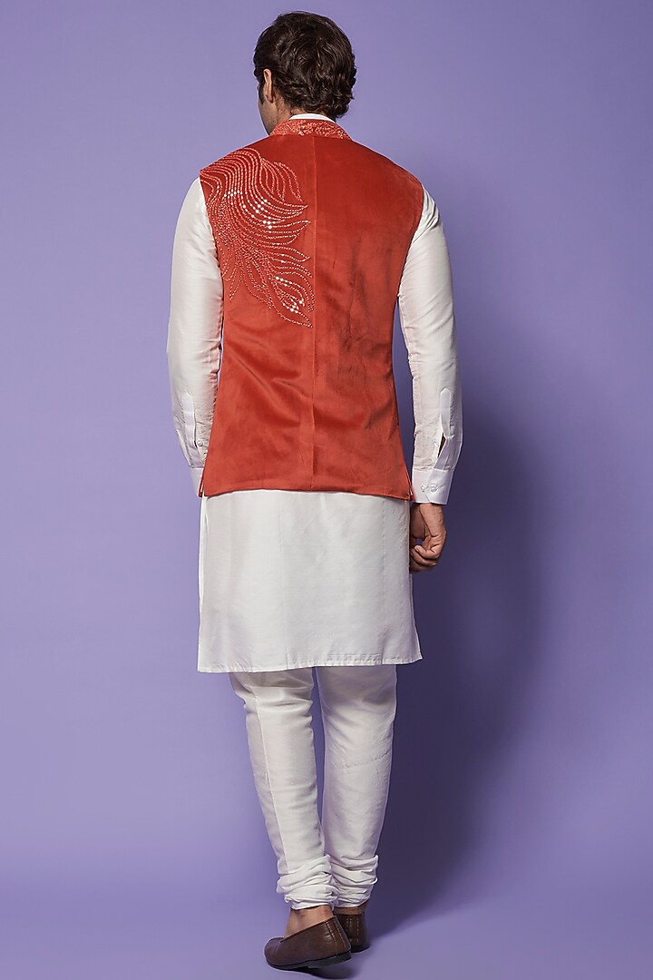 Orange Suede Velvet Embroidered Bundi Jacket by SUHAIL HAFEEZ at Pernia's Pop Up Shop