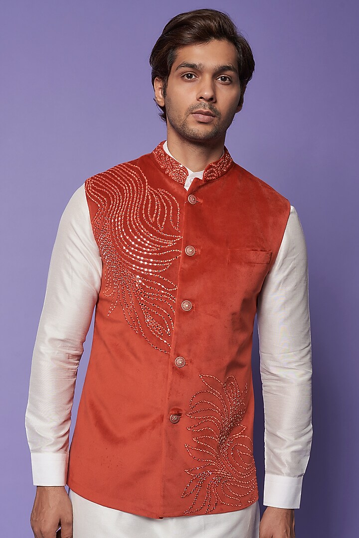 Orange Suede Velvet Embroidered Bundi Jacket by SUHAIL HAFEEZ at Pernia's Pop Up Shop
