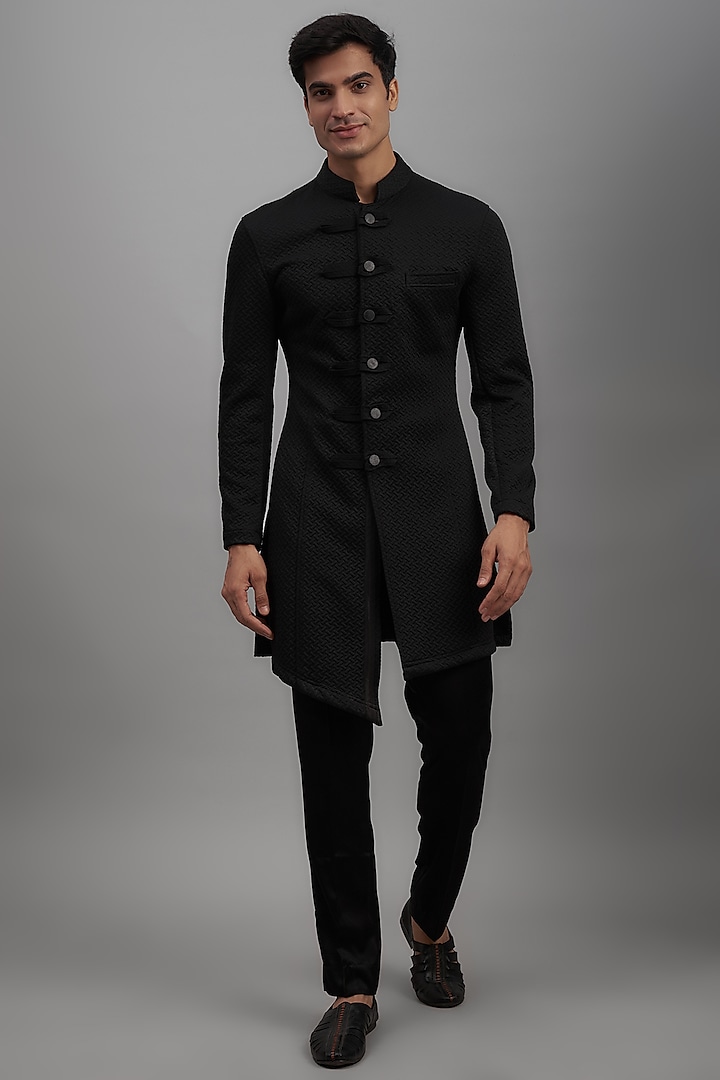 Black Four Way Stretch Indo-Western Jacket by SUHAIL HAFEEZ