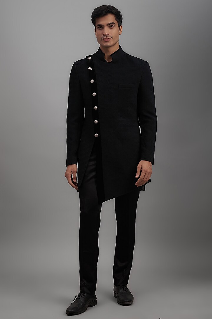 Black Terry Rayon Asymmetric Indo-Western Jacket by SUHAIL HAFEEZ