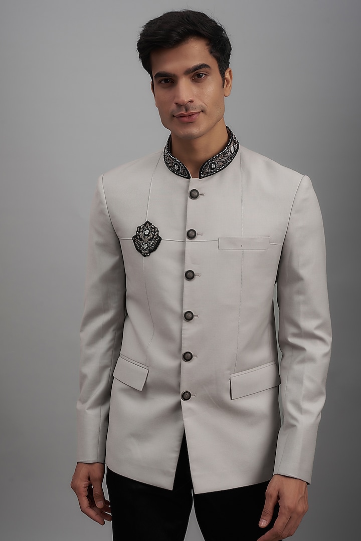 Silver Grey Terry Rayon Embroidered Bandhgala Jacket by SUHAIL HAFEEZ