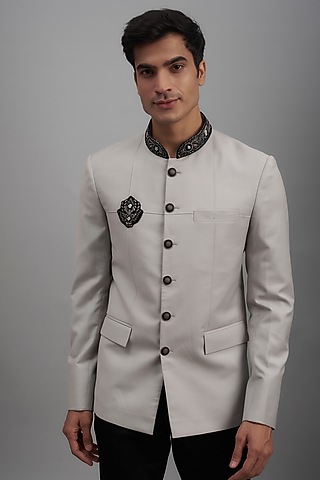 Silver Grey Terry Rayon Embroidered Bandhgala Jacket by SUHAIL HAFEEZ