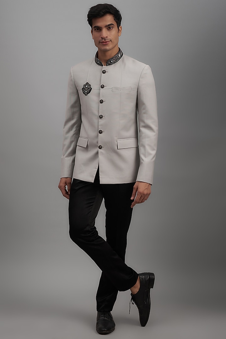 Silver Grey Terry Rayon Embroidered Bandhgala Jacket by SUHAIL HAFEEZ at Pernia's Pop Up Shop