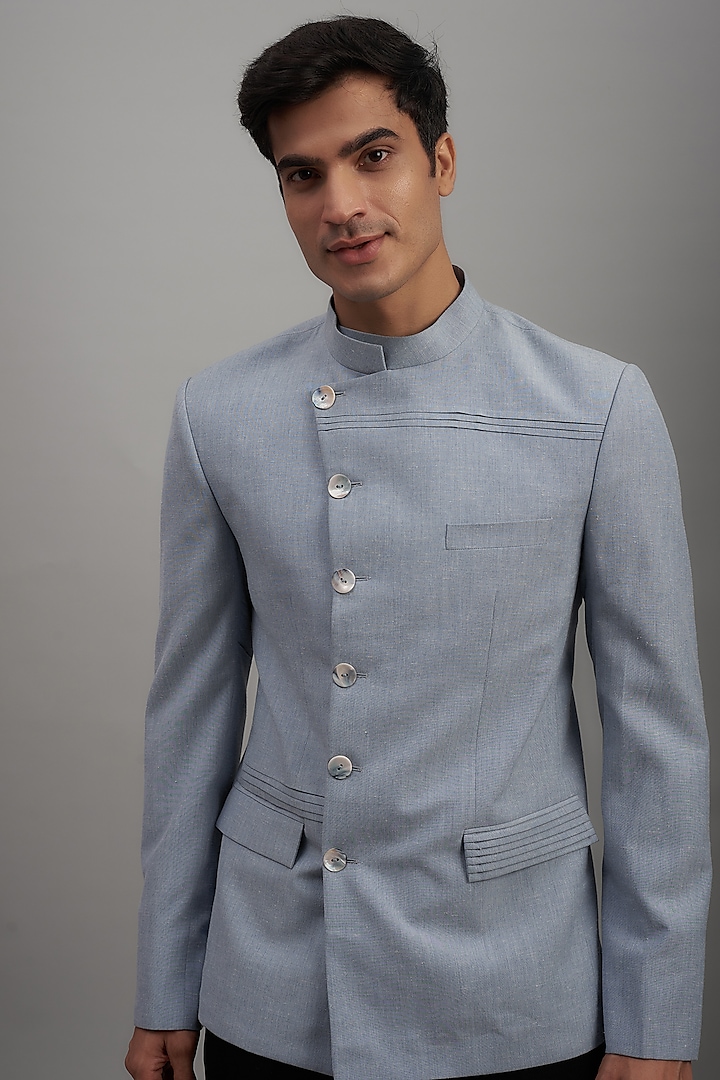 Blue Linen Viscose Indowestern Jacket by SUHAIL HAFEEZ