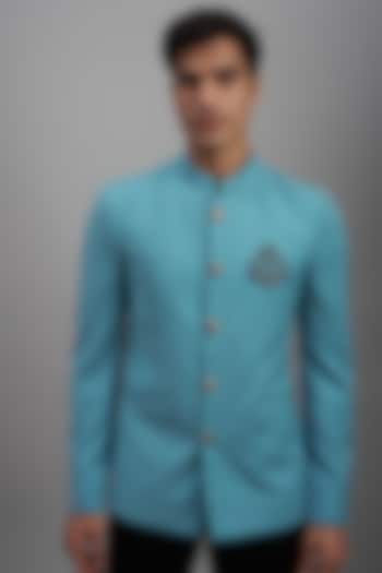 Turquoise Blue Terry Rayon Bandhgala Jacket by SUHAIL HAFEEZ