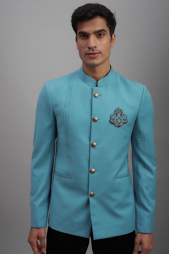 Turquoise Blue Terry Rayon Bandhgala Jacket by SUHAIL HAFEEZ