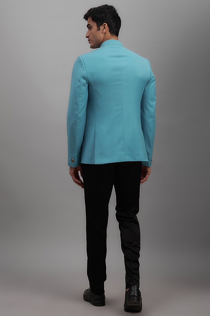 Turquoise Blue Terry Rayon Bandhgala Jacket by SUHAIL HAFEEZ at Pernia's Pop Up Shop