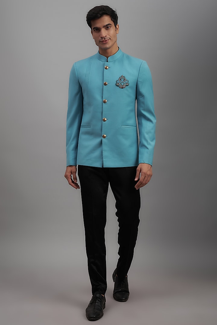 Turquoise Blue Terry Rayon Bandhgala Jacket by SUHAIL HAFEEZ at Pernia's Pop Up Shop