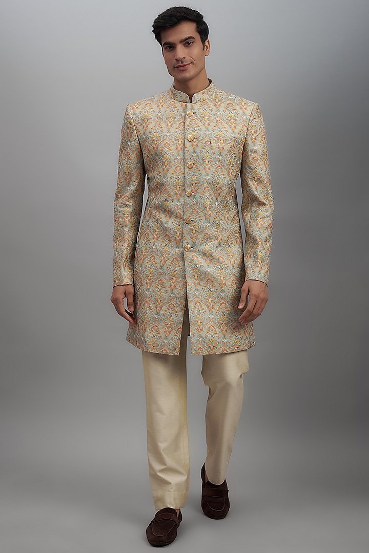 Beige Gold Rayon Embroidered Sherwani Set by SUHAIL HAFEEZ