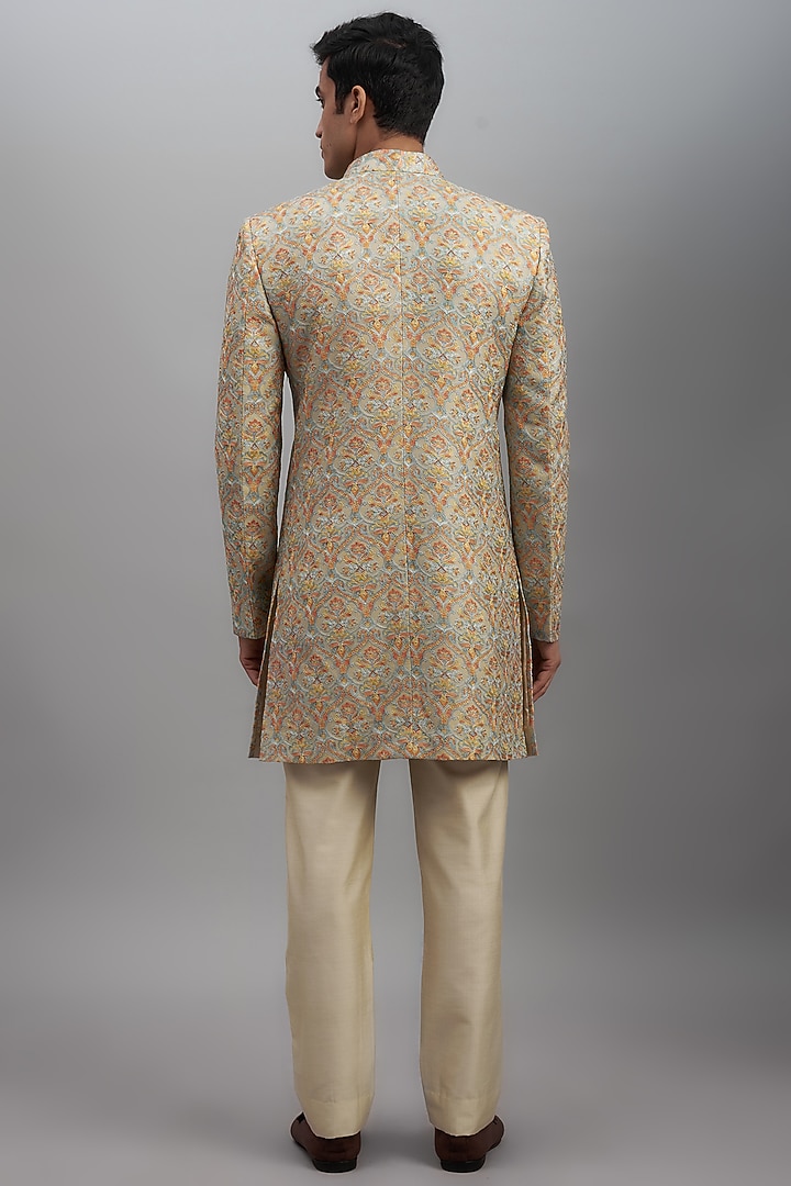 Beige Gold Rayon Embroidered Wedding Sherwani Set by SUHAIL HAFEEZ at Pernia's Pop Up Shop