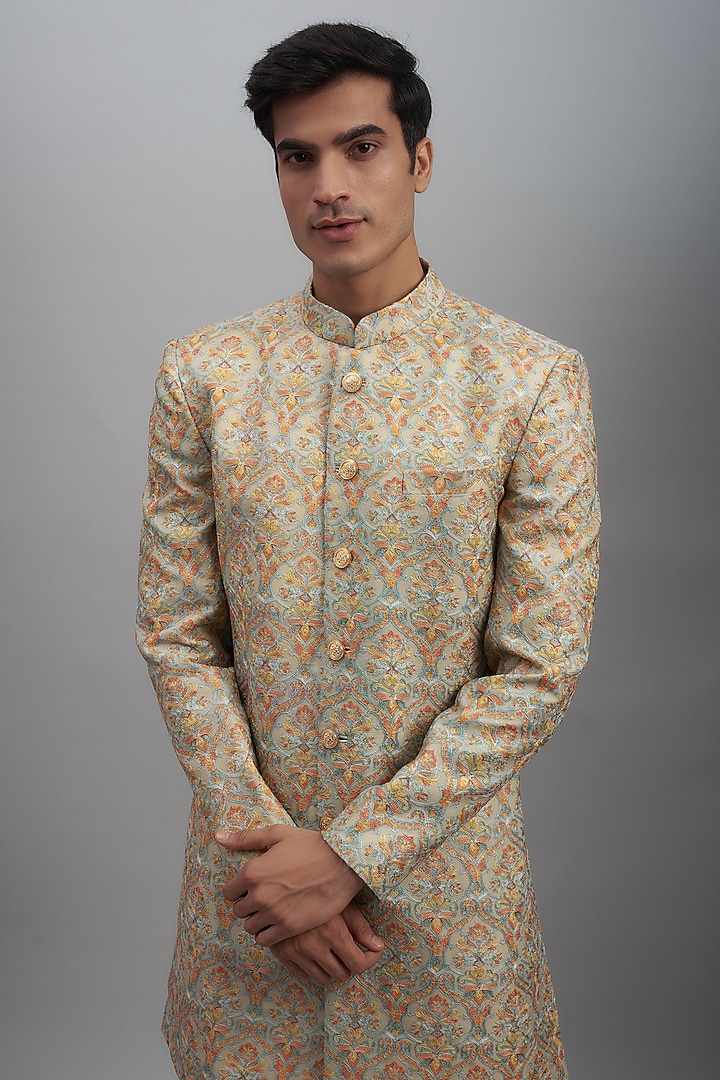 Beige Gold Rayon Embroidered Wedding Sherwani Set by SUHAIL HAFEEZ at Pernia's Pop Up Shop