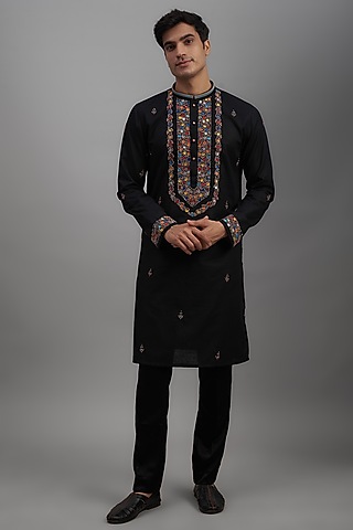 Black Silk Cotton Embroidered Kurta Set by SUHAIL HAFEEZ
