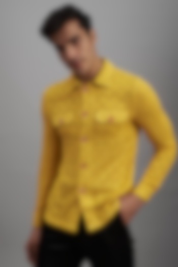 Yellow Rayon Embroidered Shacket Shirt by SUHAIL HAFEEZ