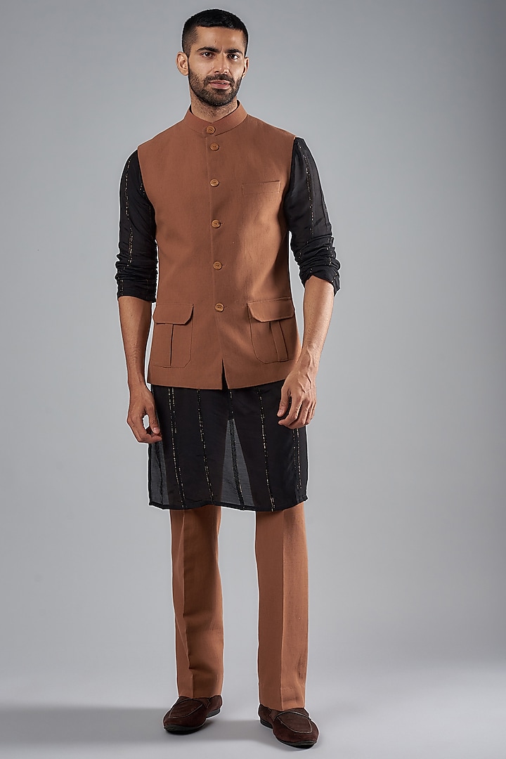 Rust Terene & Rayon Bundi Jacket Set by SUHAIL HAFEEZ