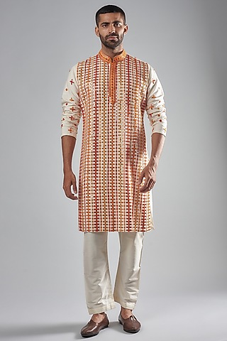Flame Orange Poly Silk Dupion Embroidered Kurta Set by SUHAIL HAFEEZ