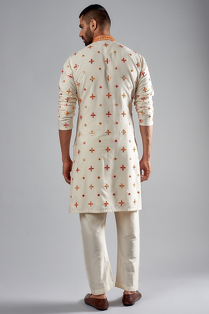 Flame Orange Poly Silk Dupion Embroidered Kurta Set by SUHAIL HAFEEZ at Pernia's Pop Up Shop