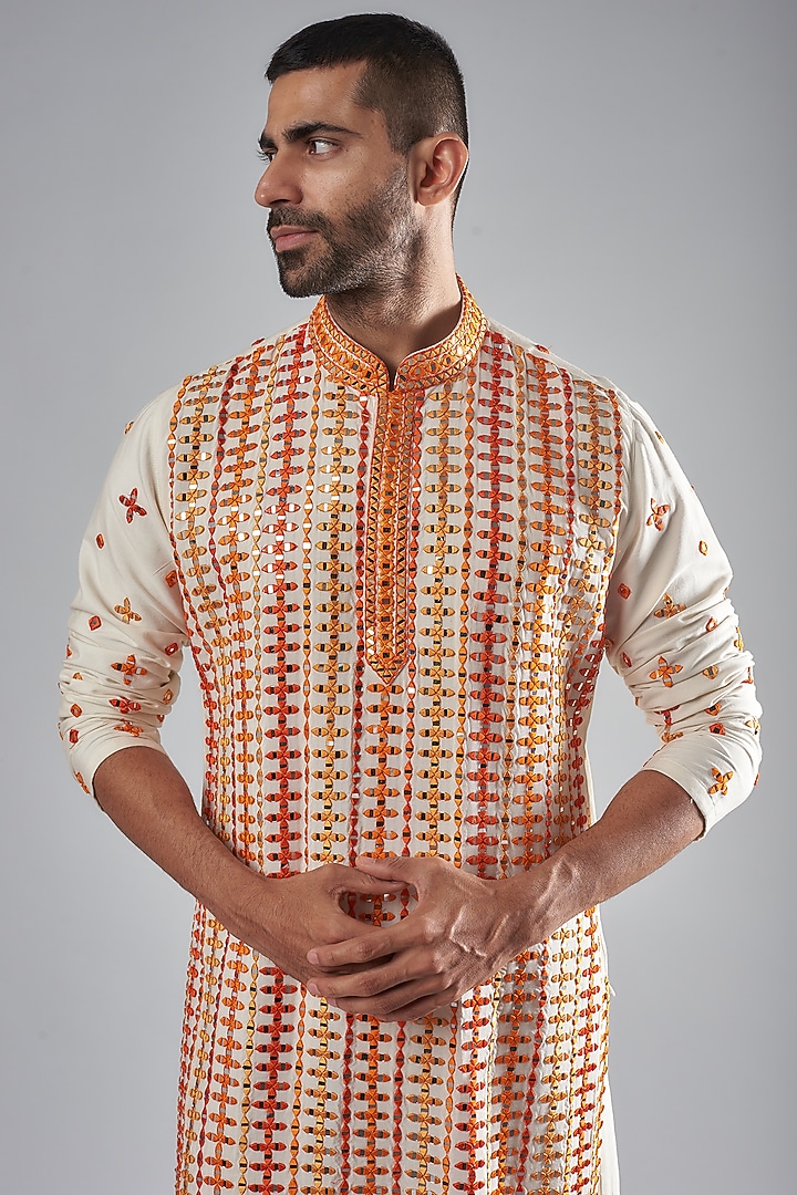 Flame Orange Poly Silk Dupion Embroidered Kurta Set by SUHAIL HAFEEZ at Pernia's Pop Up Shop